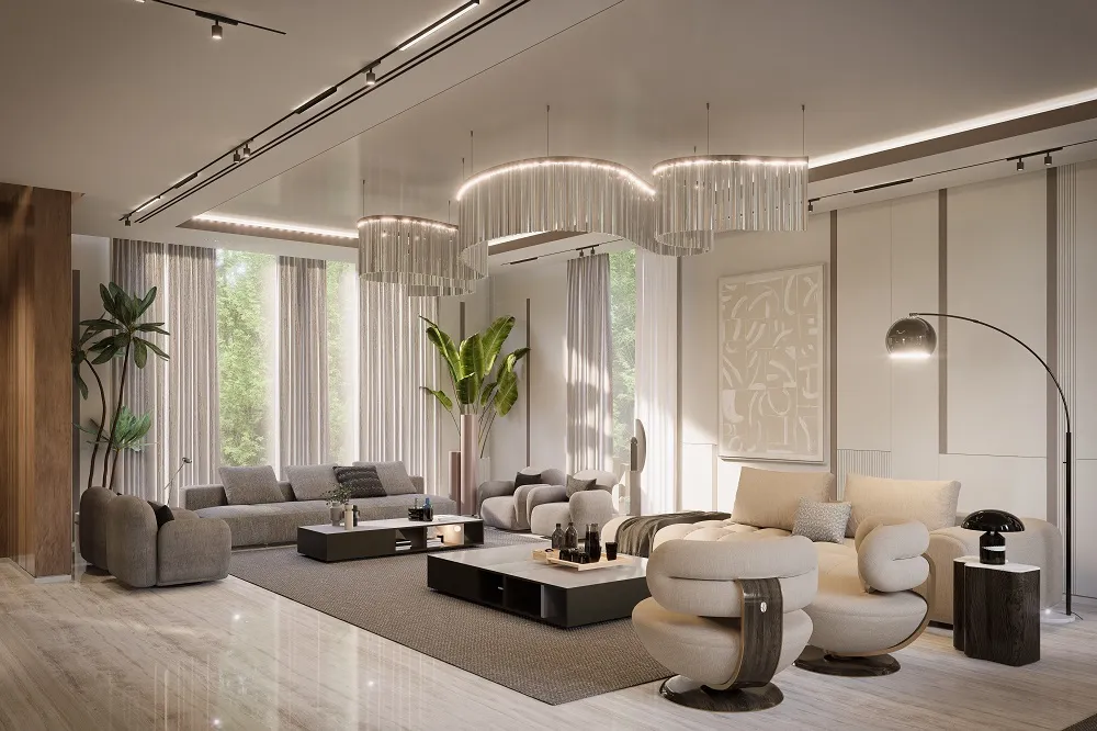 تصميم داخلي مودرن لكشري في فيلا بالأنصب مع توزيع أثاث طولي ومساحة مفتوحة