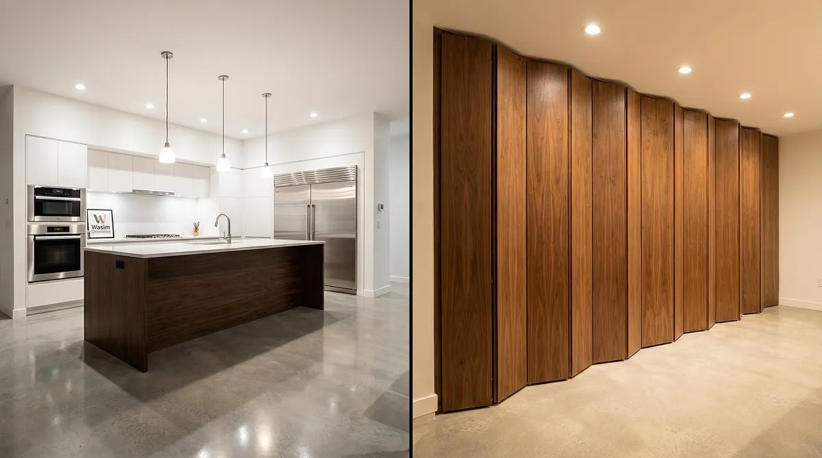 الفرق بين المطبخ المفتوح والمطبخ الخفي المغلق بأبواب منزلقة في فيلا بمسقط