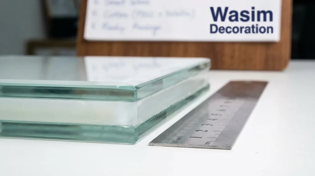 قطاع عرضي يوضح طبقات الزجاج الذكي المصفح وتقنية PDLC للعزل