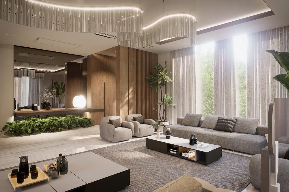 تفاصيل تكسيات الخشب العمودية مع أرضيات البورسلين الفاتح في مجلس مودرن