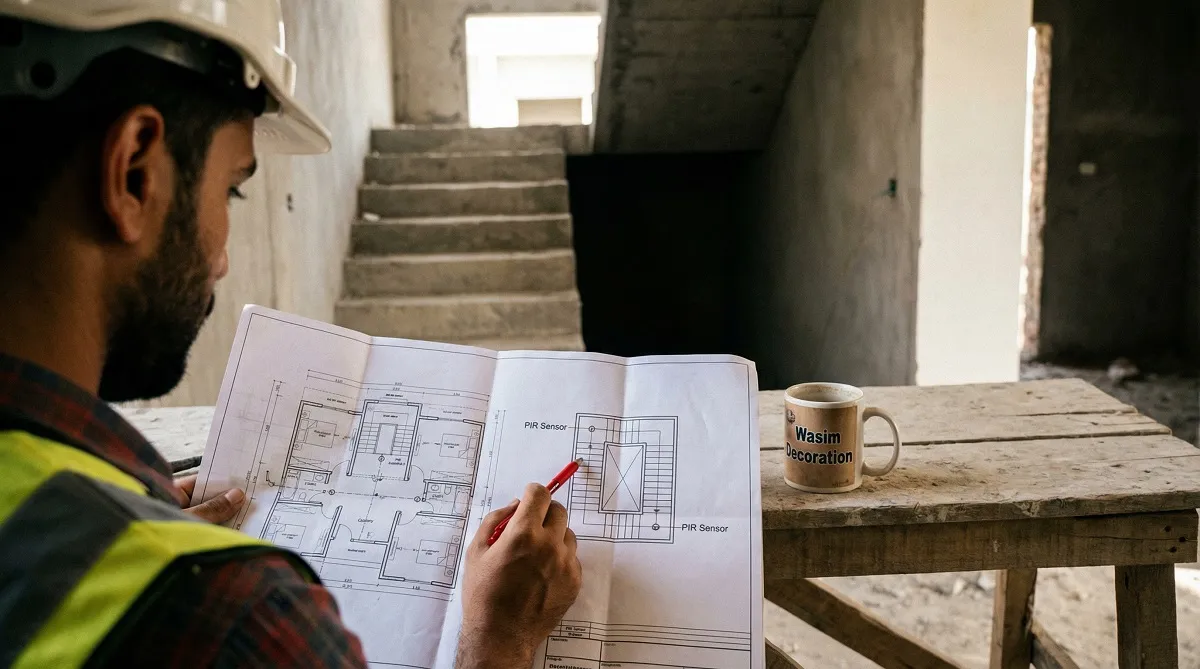 مخطط توزيع حساسات الحركة PIR وإضاءة الدرج الذكية لتوفير الطاقة