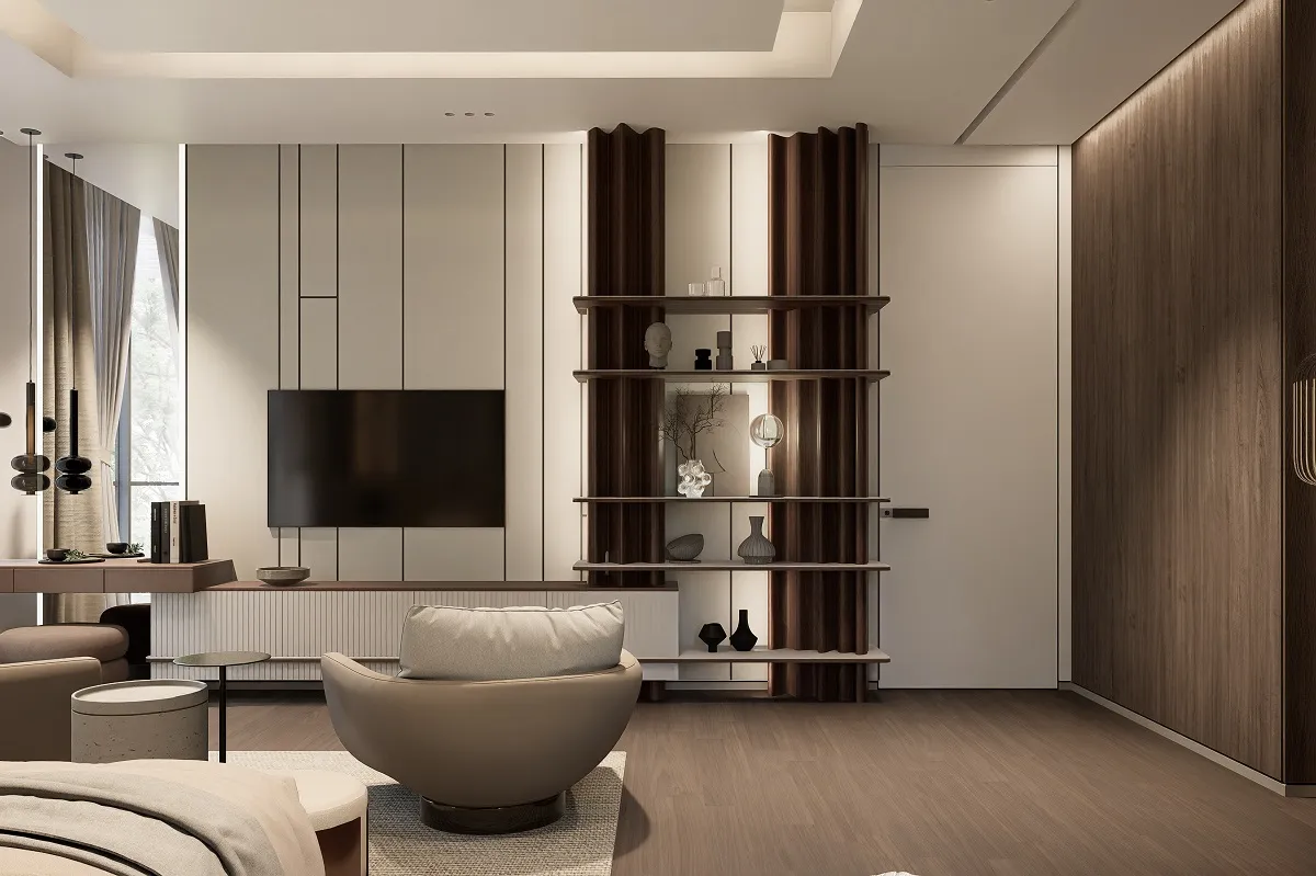 تصميم مجلس فيلا في الخوض بستايل كلاسيك ناعم وألوان حيادية فخمة