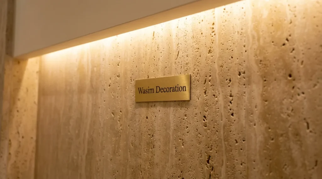 جدار مجلس بديكور حجر ترافرتين مع إضاءة مخفية دافئة تبرز الفخامة