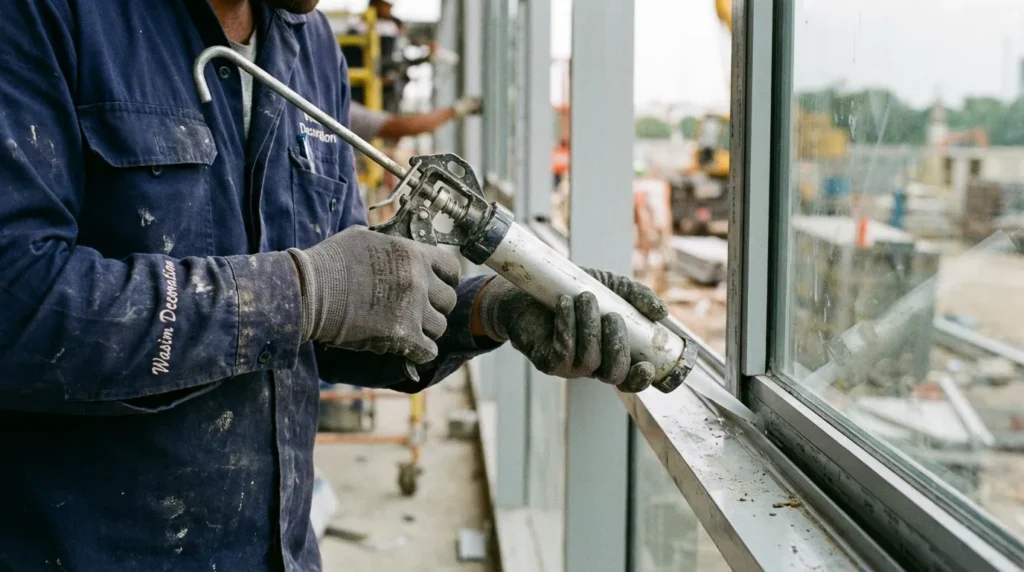 فني وسيم للديكور يقوم بتركيب الزجاج الذكي باستخدام سيليكون محايد لمنع التآكل