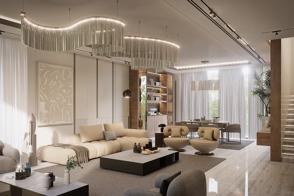 كنب مودرن مريح وكبير (Volumetric) بألوان محايدة في صالة معيشة عائلية