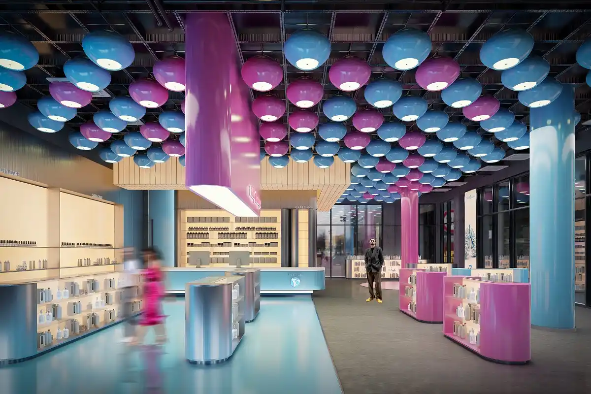 مخطط توزيع الحركة والزون في تصميم صيدلية بوشر لضمان انسيابية الزبائن