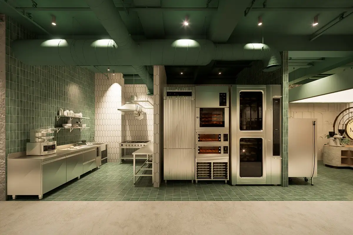 تأسيسات التكييف والكهرباء المخفية في سقف مخبز تجاري لضمان كفاءة التشغيل