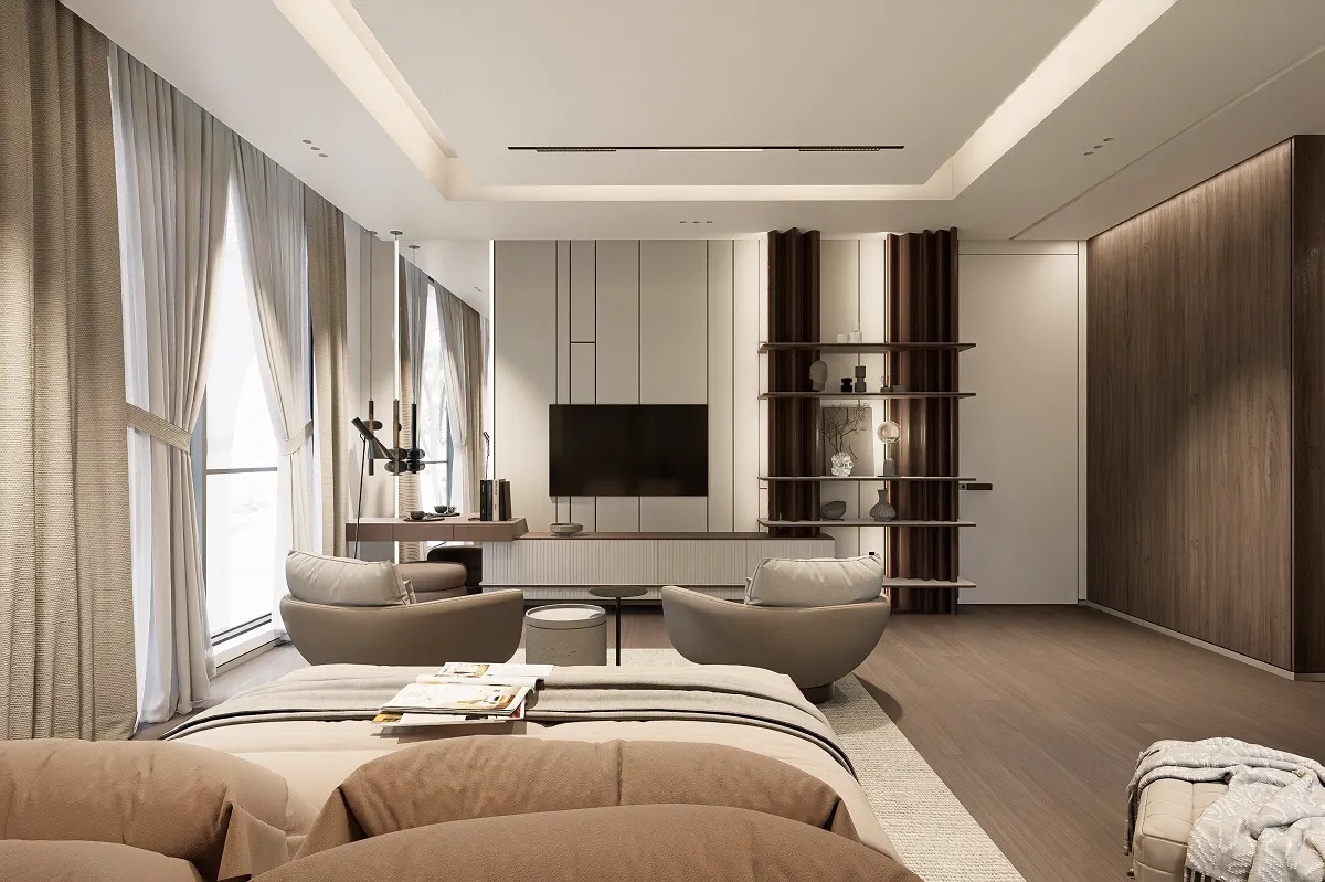 تنسيق خامات وتشطيبات لفيلا مودرن في مسقط: رخام، خشب، وأقمشة فاخرة