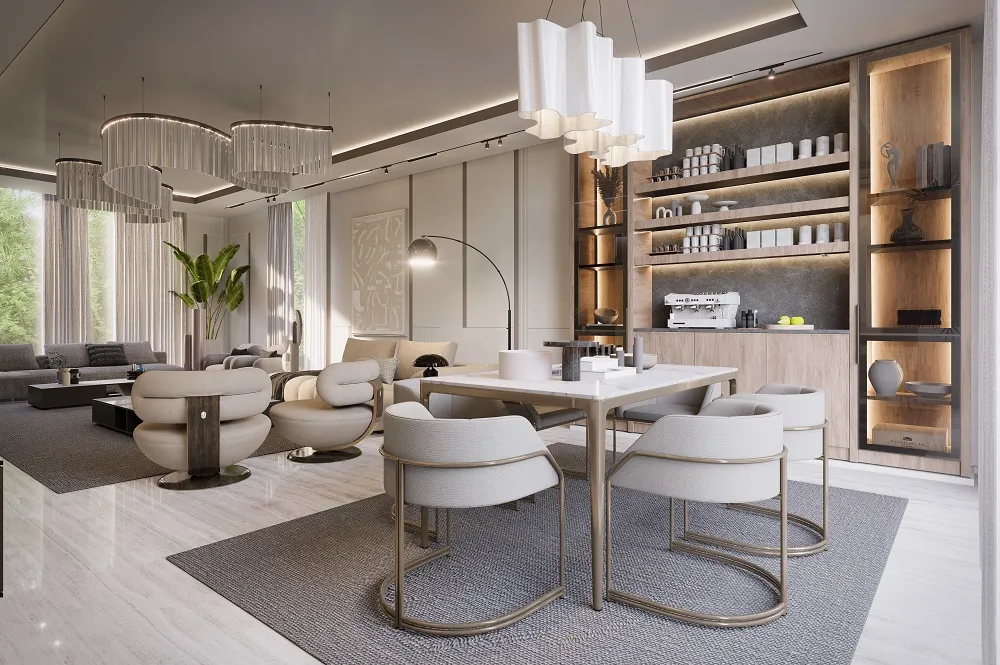 توزيع الإضاءة الليلية في مجلس مودرن: إضاءة خطية وثريات فنية مميزة