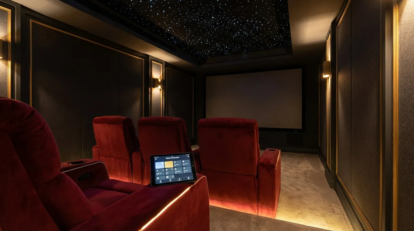 تشطيب نهائي لغرفة سينما منزلية فاخرة في مسقط مع سقف نجوم وكراسي مريحة