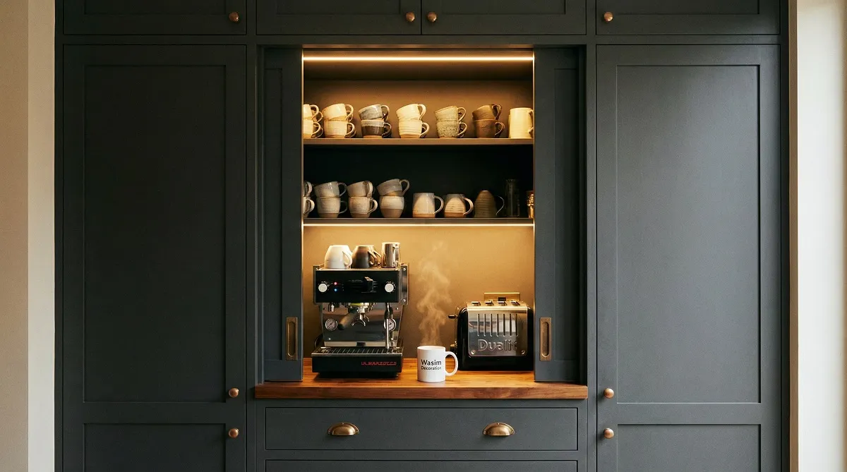 محطة قهوة وإفطار مخفية داخل دولاب مطبخ بتصميم ذكي ومنظم