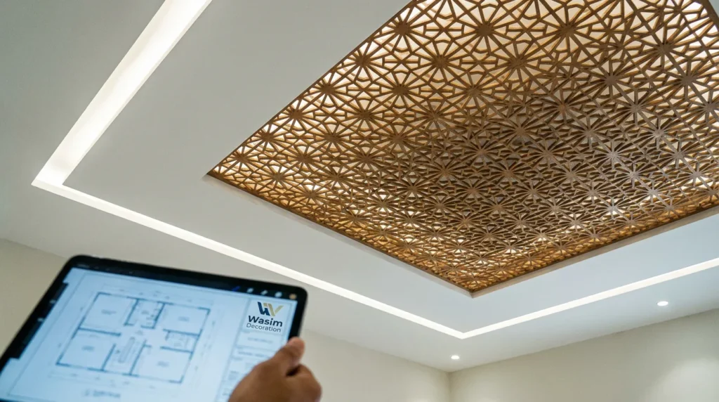 تفاصيل سقف مجلس معلق مع فواصل ظل (Shadow Gap) وتطعيمات خشبية حديثة