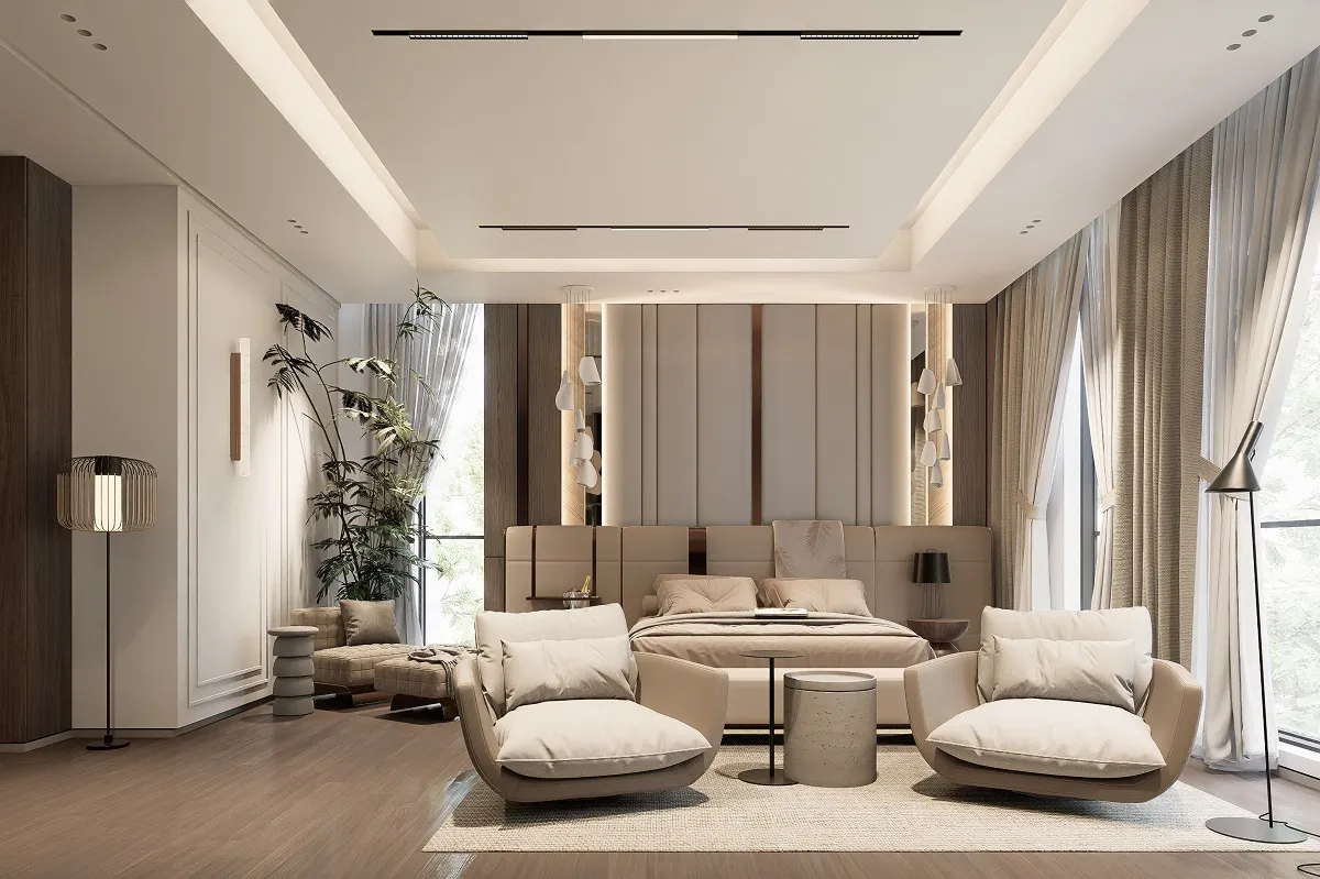 توزيع إضاءة مخفية وهادئة في صالة فيلا عمانية لإبراز جمال الديكور