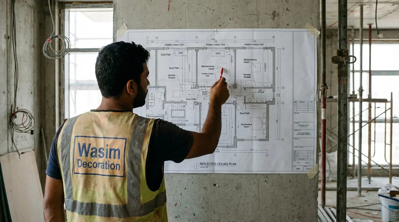 مخطط سقف جبس بورد في بوشر يوضح دمج تكييف مخفي ومسارات الدكت وفتحات الصيانة