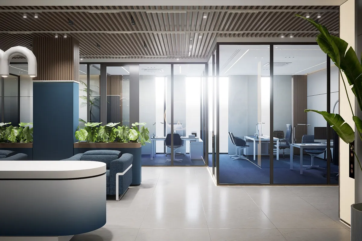 تصميم داخلي لمكاتب إدارية حديثة في المسفاة مع سقف خشبي وقواطع زجاجية