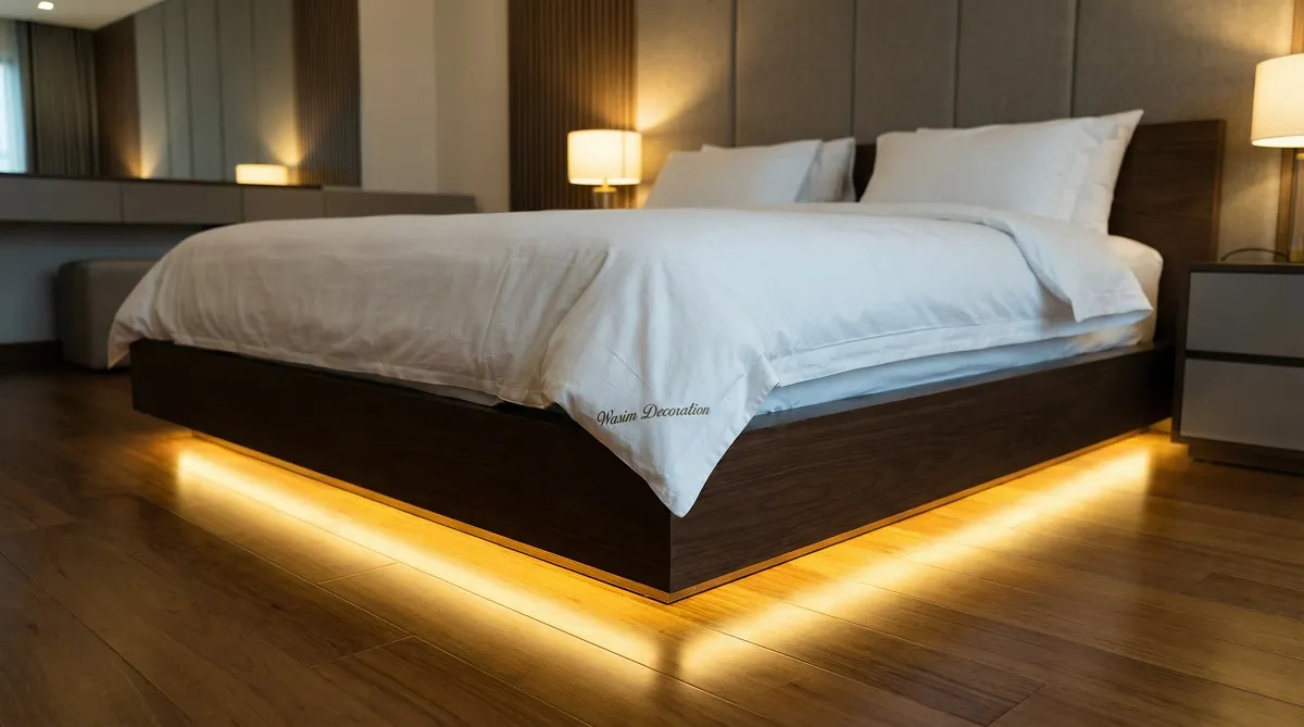 غرفة نوم مستقبلية في مسقط بسرير عائم وإضاءة مزاجية LED تعطي فخامة هادية
