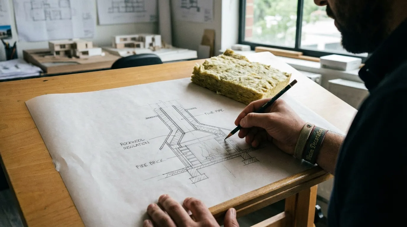 مقطع أمان لمشب داخلي بمدخنة ستانلس 316 قطر 150mm وعزل صخري 50mm