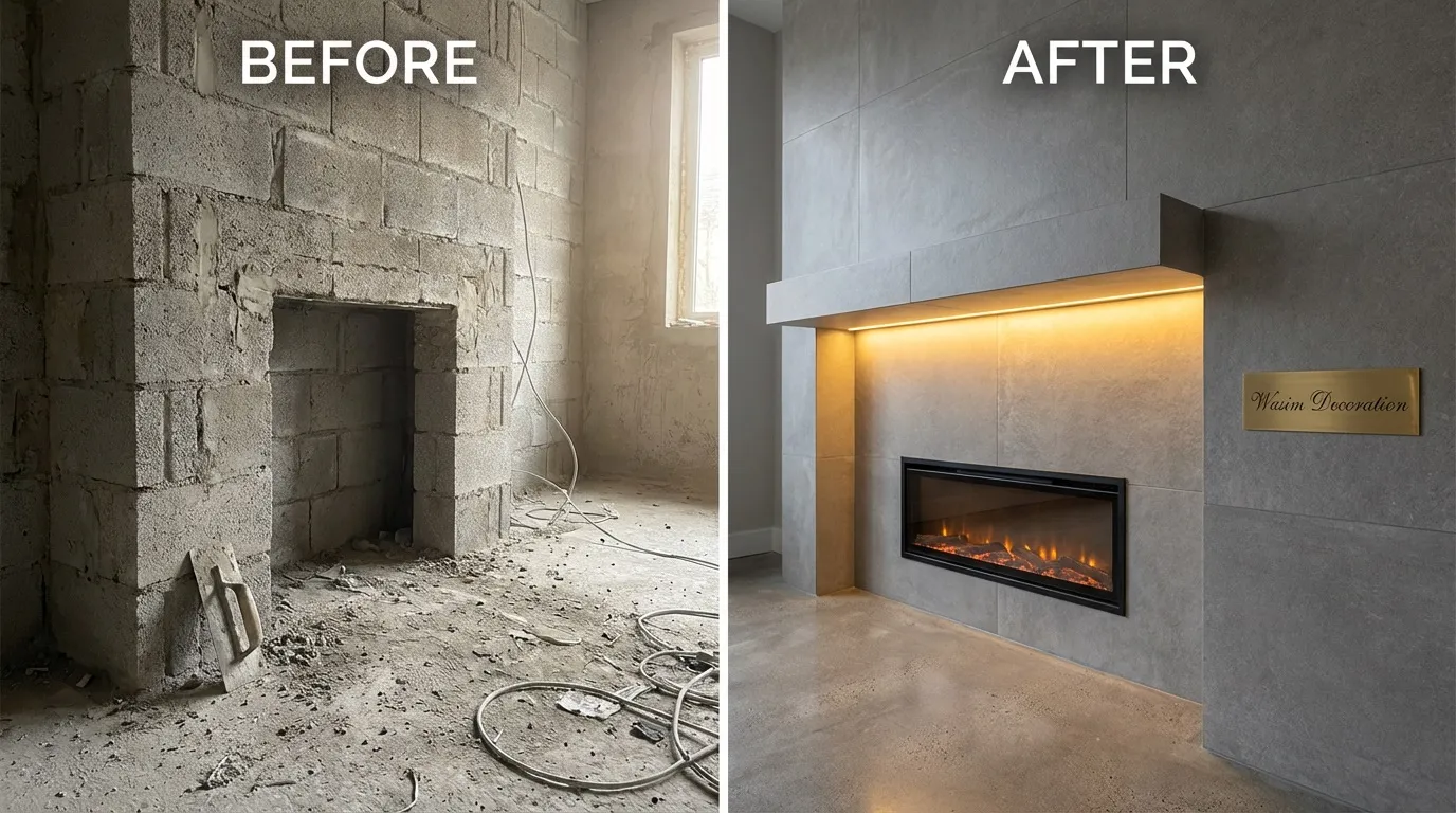 قبل وبعد تصميم مشب مجلس بكسوة بورسلان مطفي وإضاءة مخفية دافئة 3000K