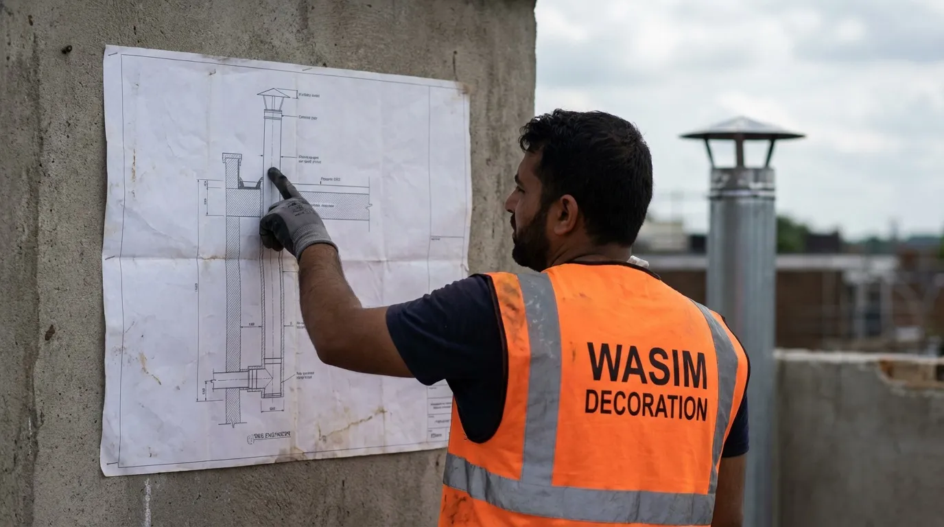 مخطط مسار مدخنة مشب داخلي مع كوعين 45 درجة وارتفاع خروج فوق السطح