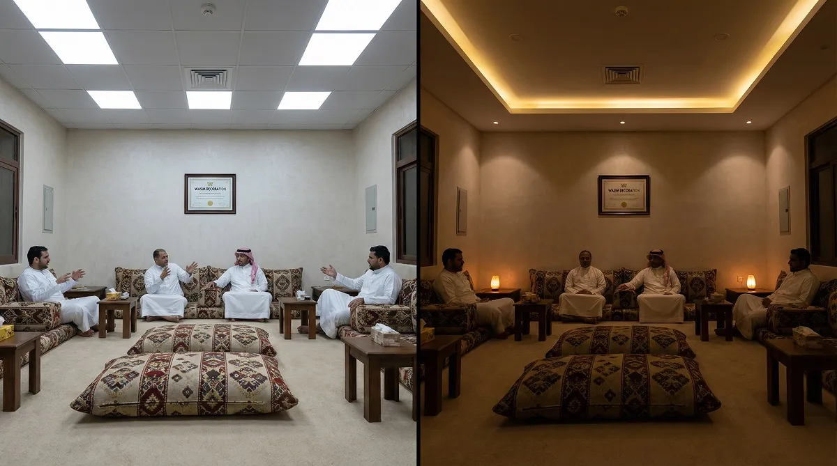 تأثير تغيير إضاءة السقف التفاعلي على جو وفخامة المجلس العماني