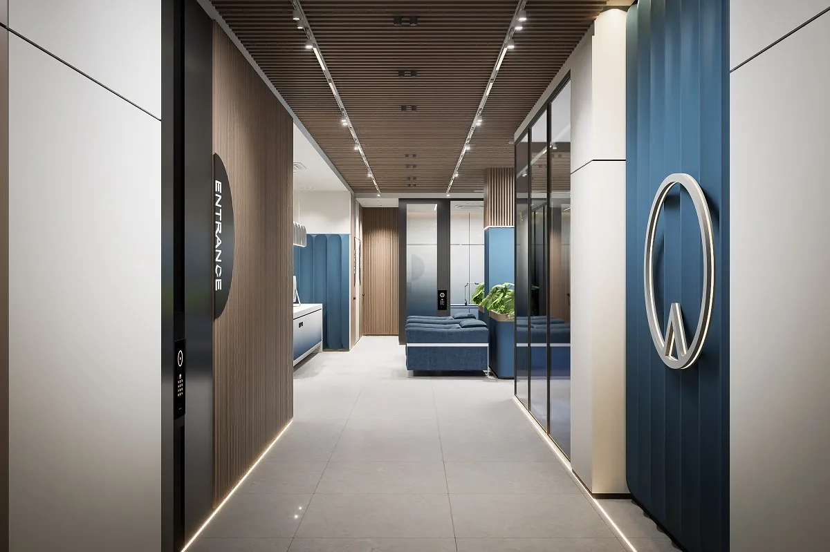 تفاصيل السقف الخشبي في المكتب مع تكامل الإضاءة والتكييف بشكل هندسي دقيق