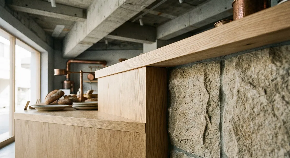 Bakery product display with warm accent lighting in Muscat retail interior design