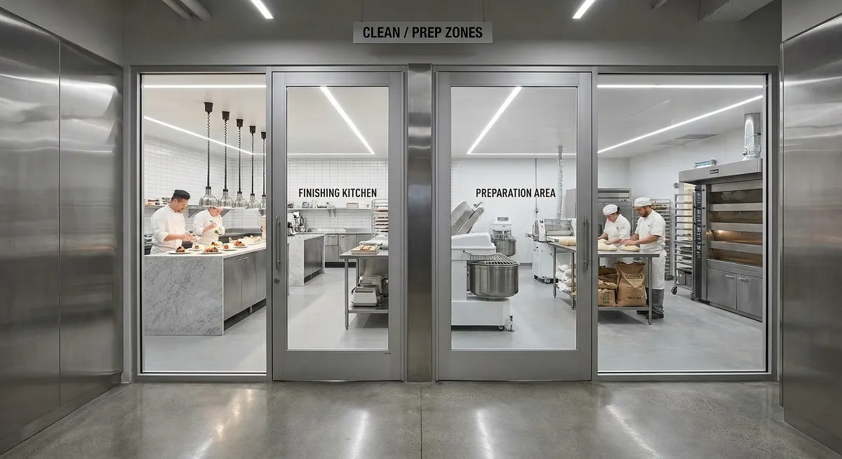 Separated clean and dirty kitchen zones in commercial bakery fit-out Muscat