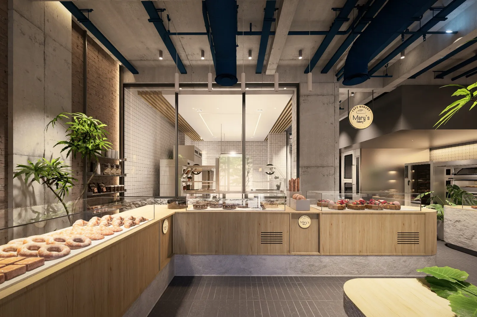 Light wood counter and textured stone wall in Muscat bakery interior by Wasim Decor