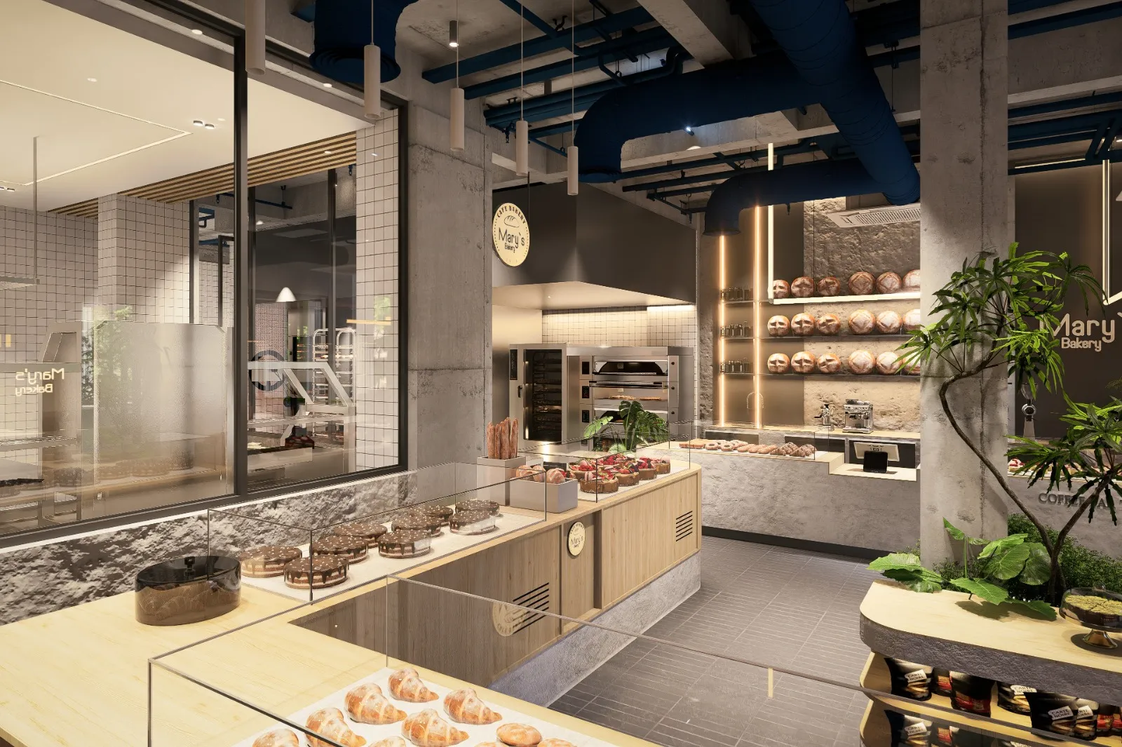 Exposed ceiling with painted ductwork in Qurum bakery designed by Wasim Decor Muscat