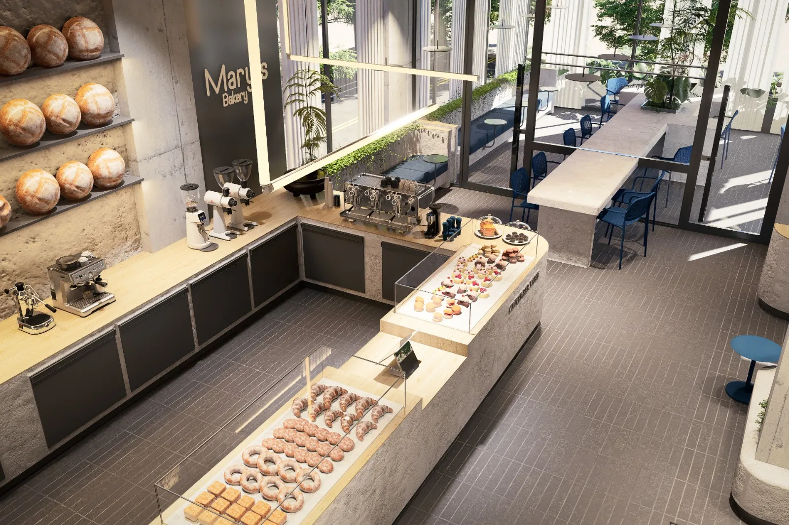 Bakery spatial layout with central counter and linear vitrines in Qurum Muscat