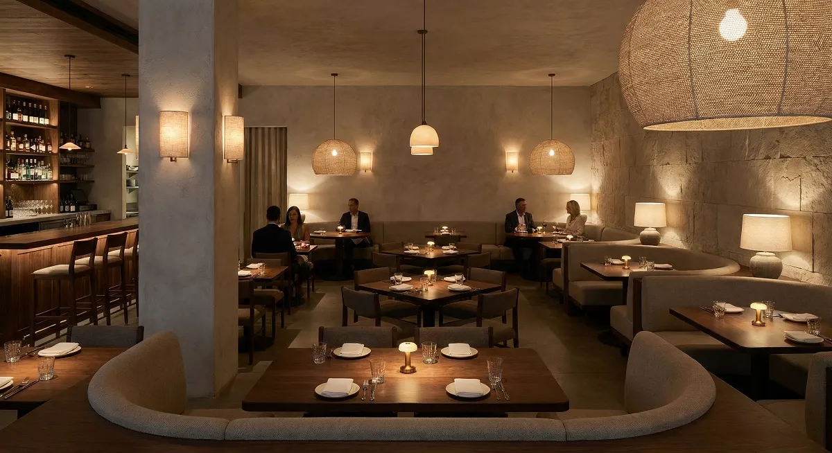 Restaurant interior design in Muscat showing layered lighting and zoned seating layout