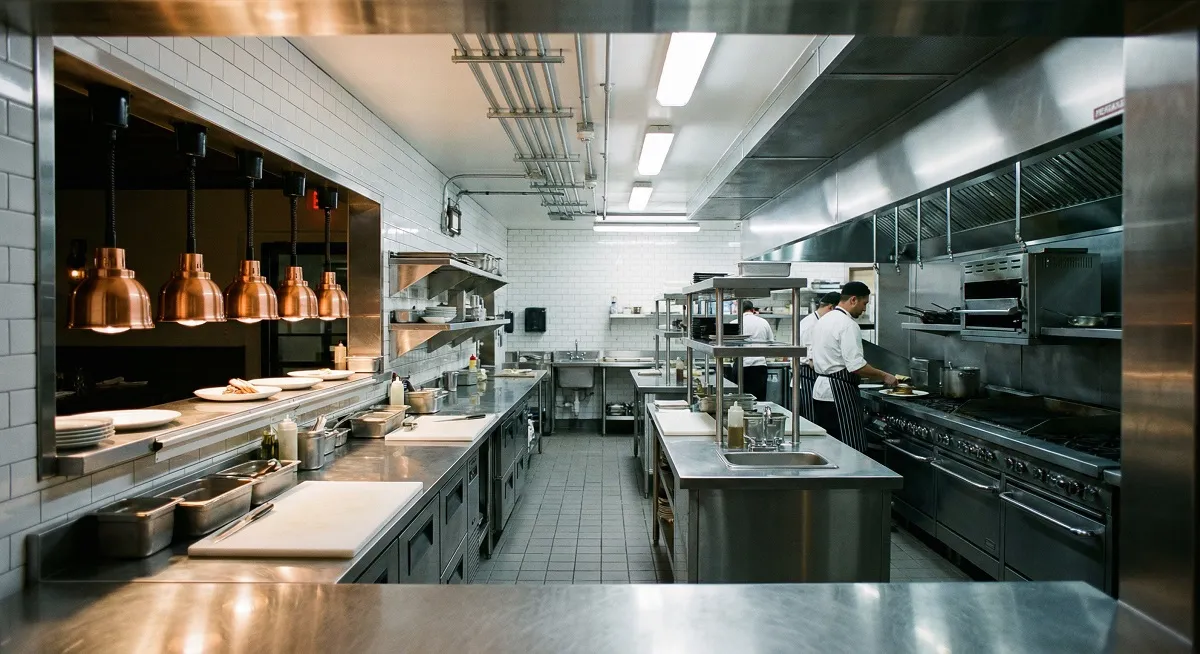 Professional restaurant kitchen design with separated zones and service pass in Muscat